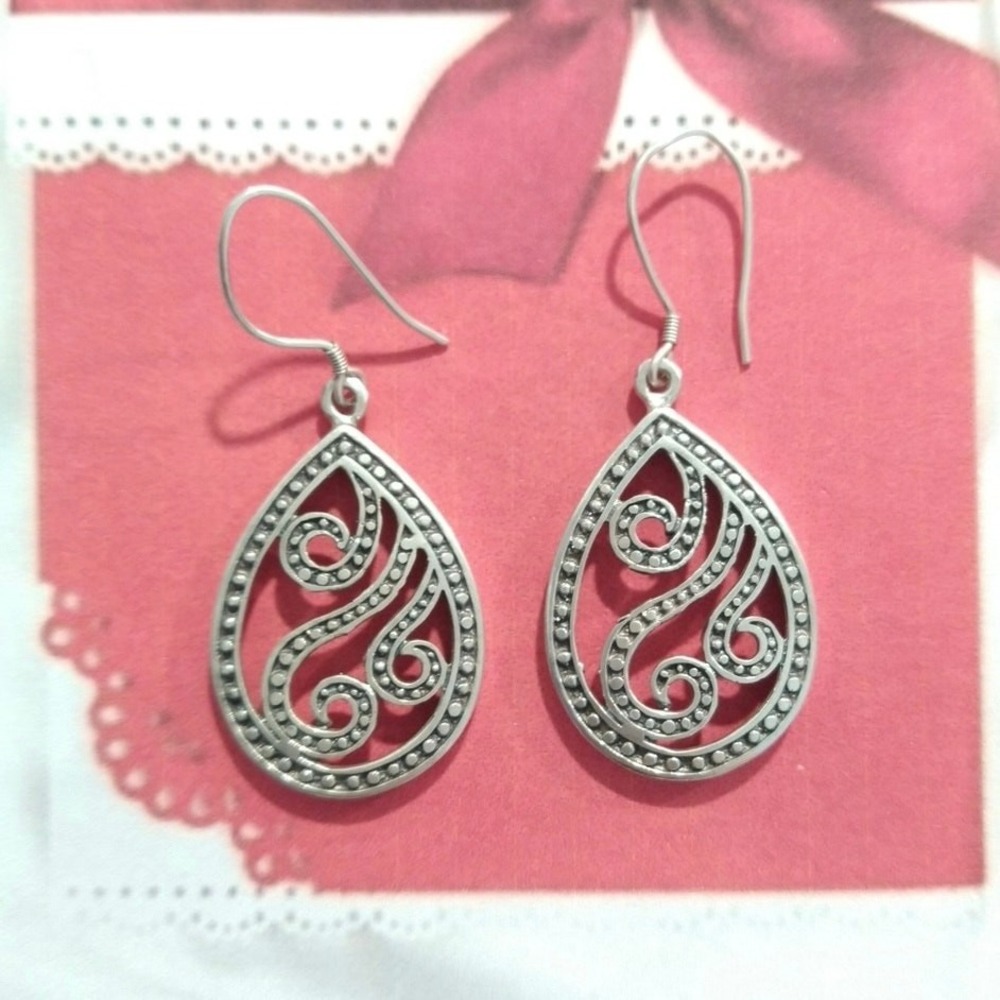 Sterling Silver 925 Swirl Teardrop Dangle Earrings Hook Vintage Boho MCM